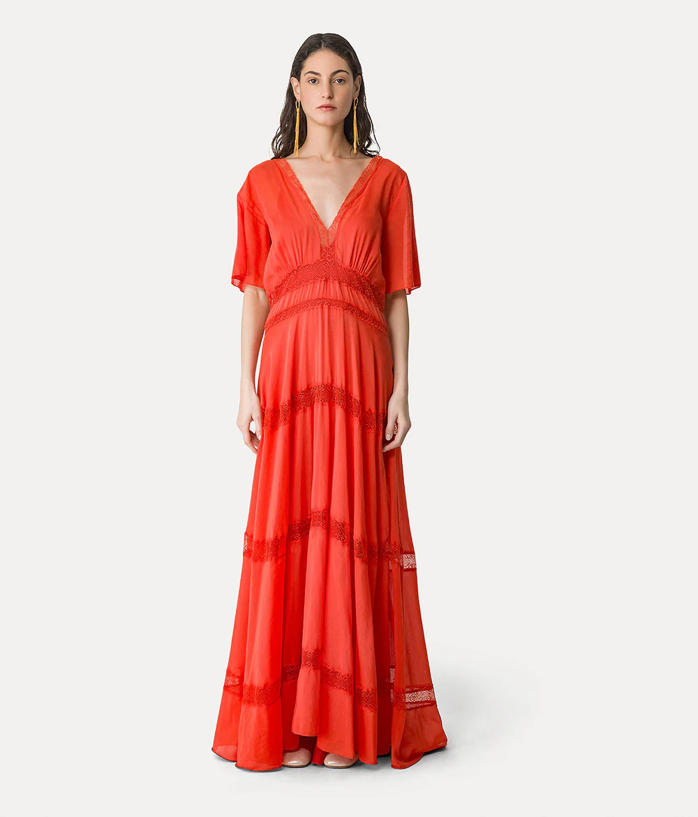 abito lungo voile co/se e pizzo con sottoveste rouge
