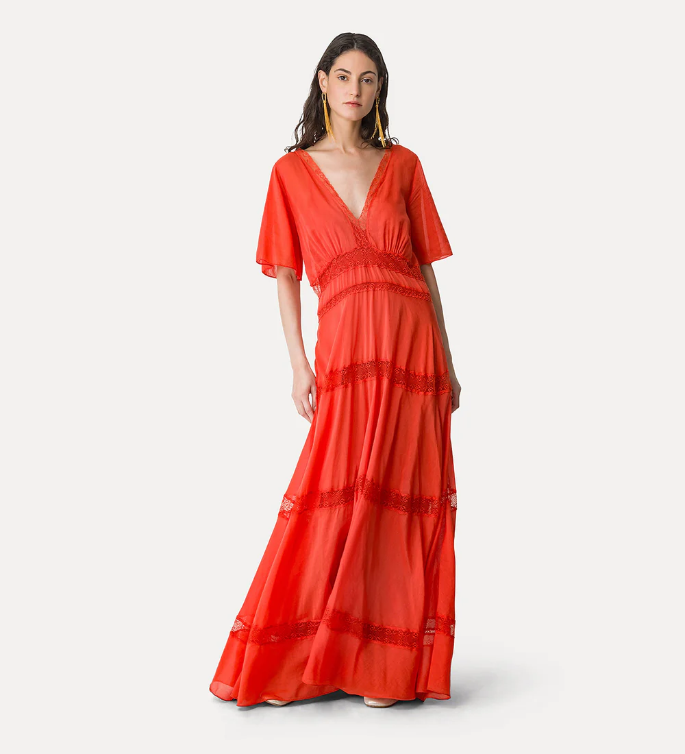 Alternative view of abito lungo voile co/se e pizzo con sottoveste rouge
