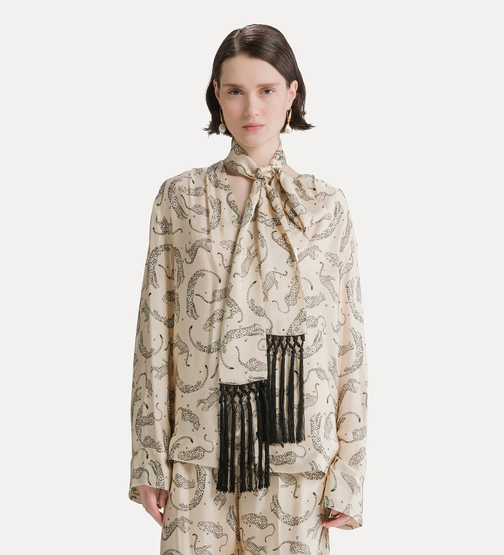 camicia con sciarpina in raso “royal leopard” ivory