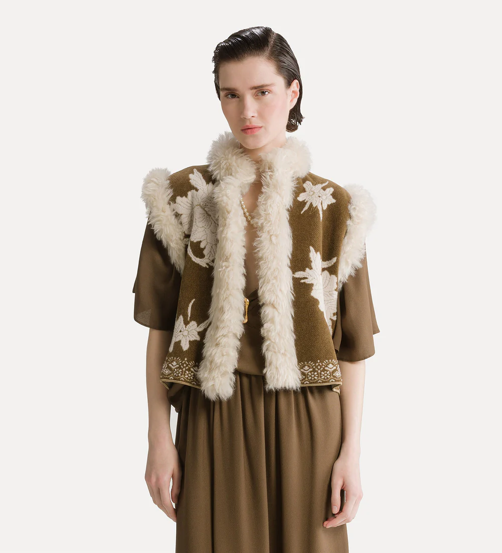 gilet bordi eco fur jaquard ciniglia "the lotus" cumino